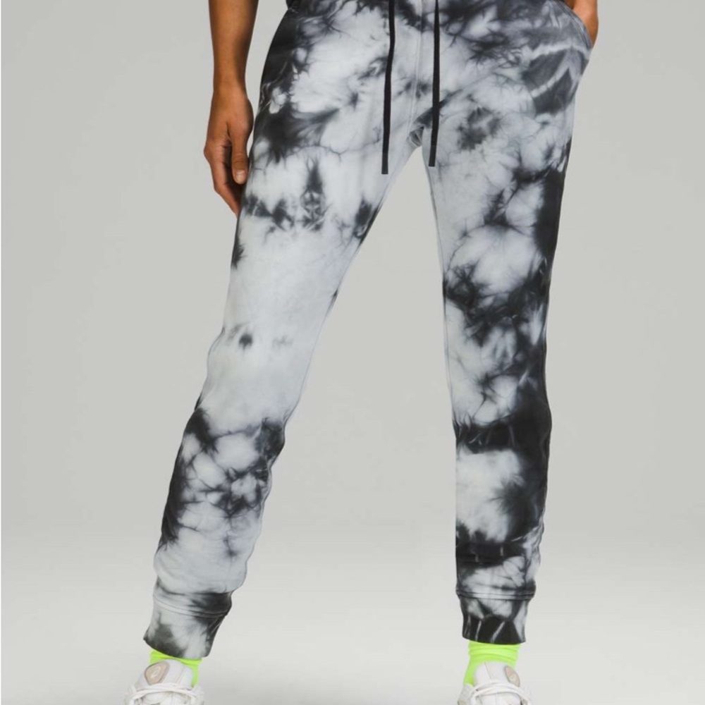 Lululemon Warm Down Jogger pants in a gray tie-dye pattern